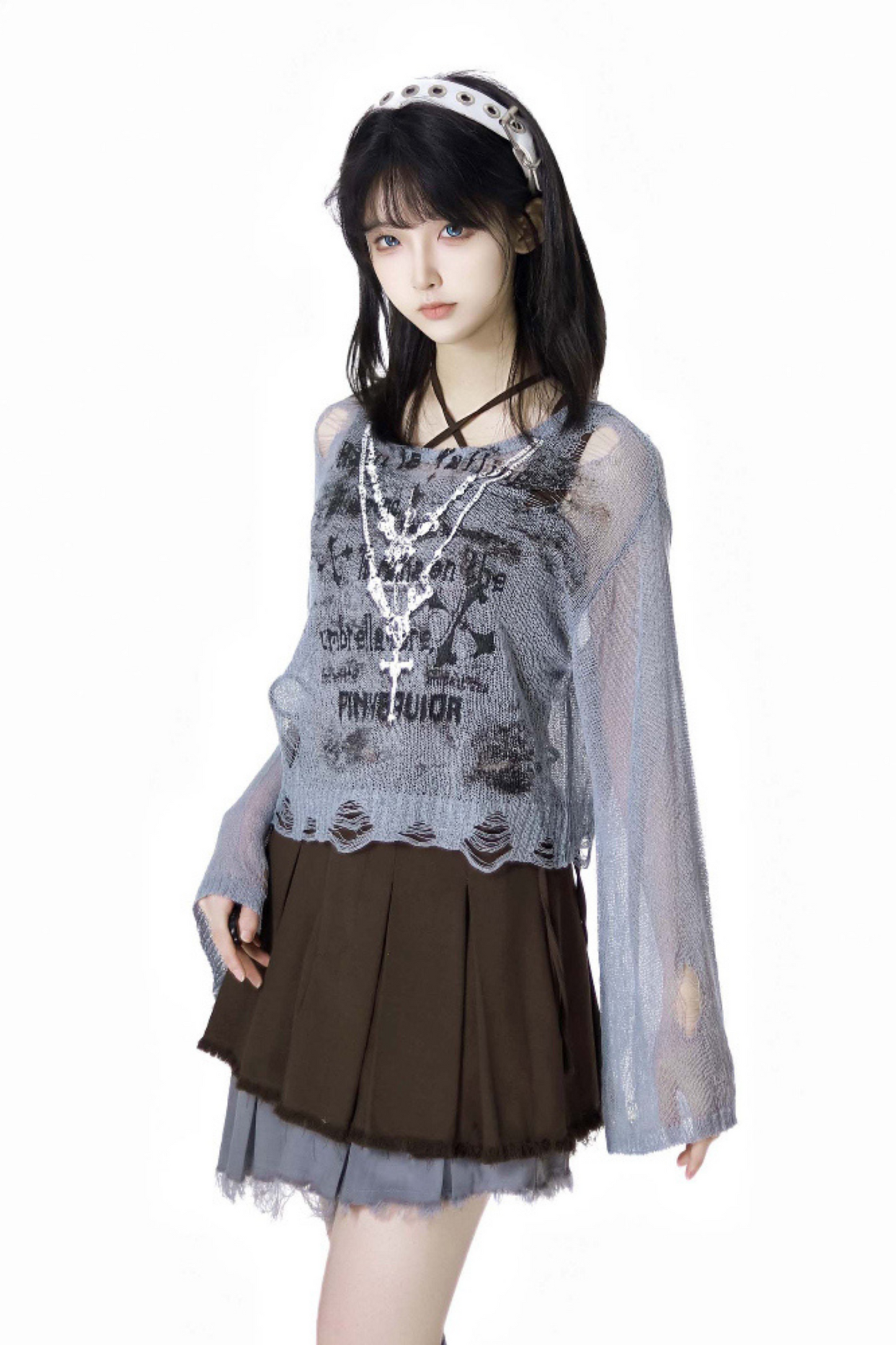 skirt + blue bustier top dark check y2k asymmetrical
