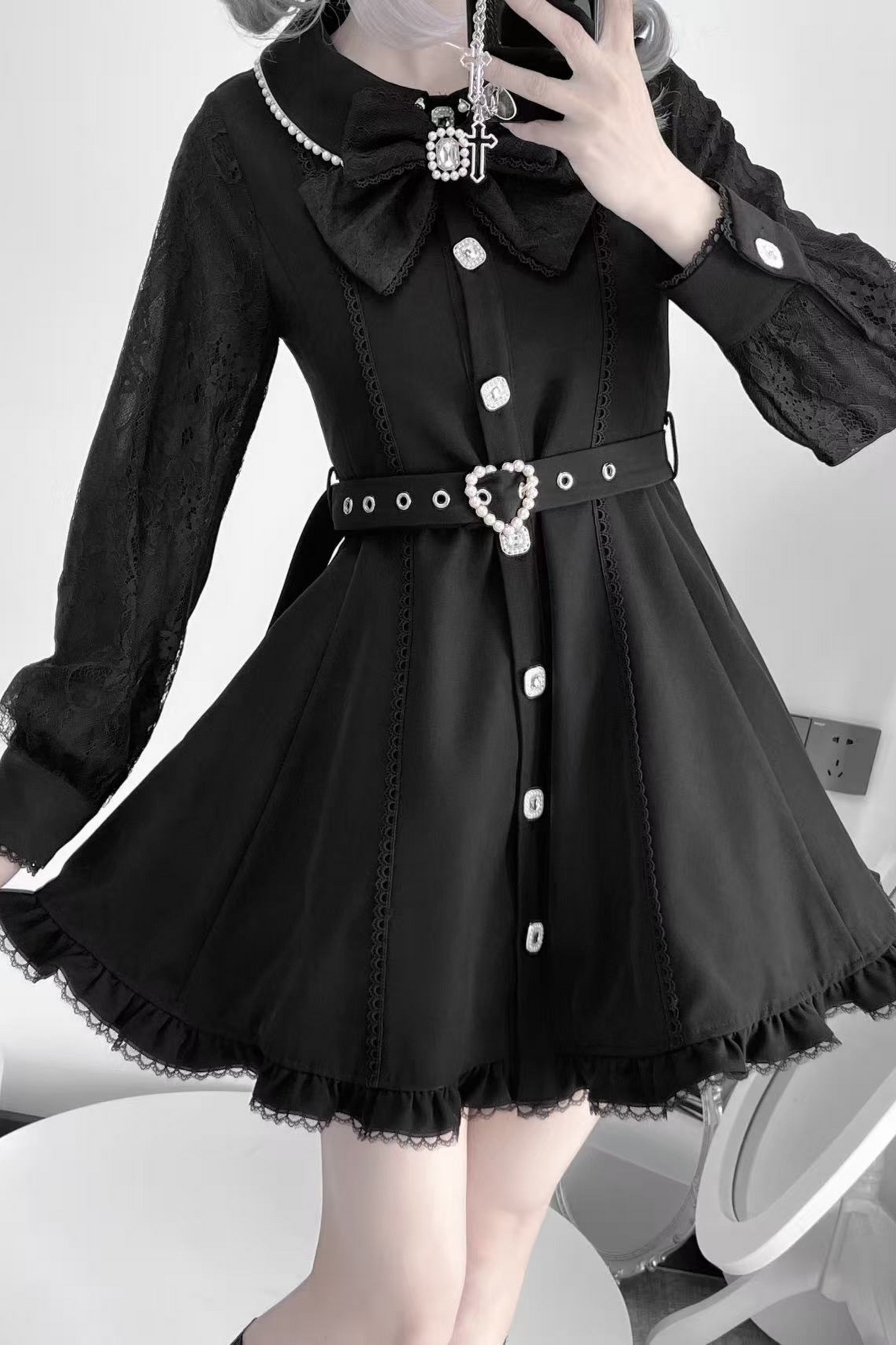 Sleeve Sweet Lace Cape Dress Collar Pearl