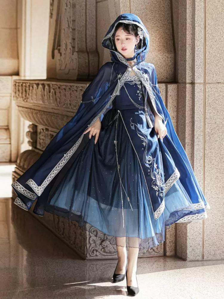 Night + Blue Embroidery Dress Long Dark Butterfly Starry Dreamy