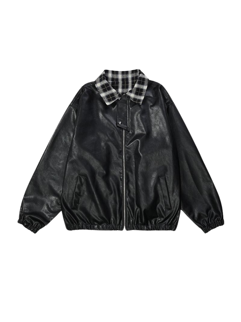 Veste rétro à col à carreaux en cuir ample américain