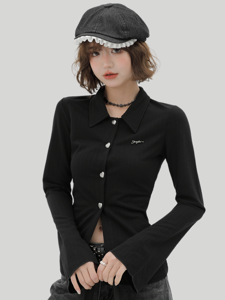 Knit Bell Black Slim Polo Collar Cardigan Sleeve Retro