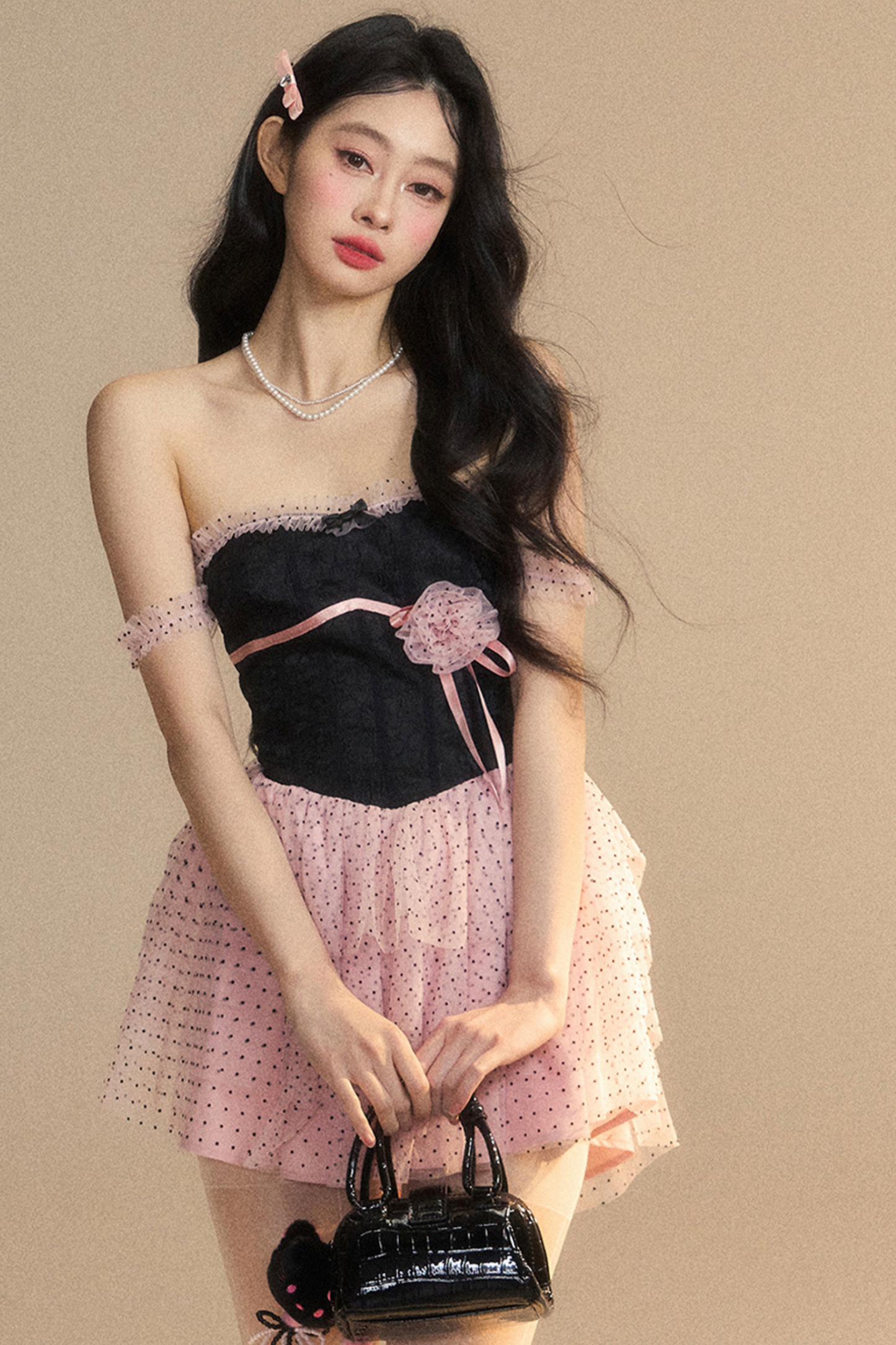 Top Lace Pink Tube Black Dress
