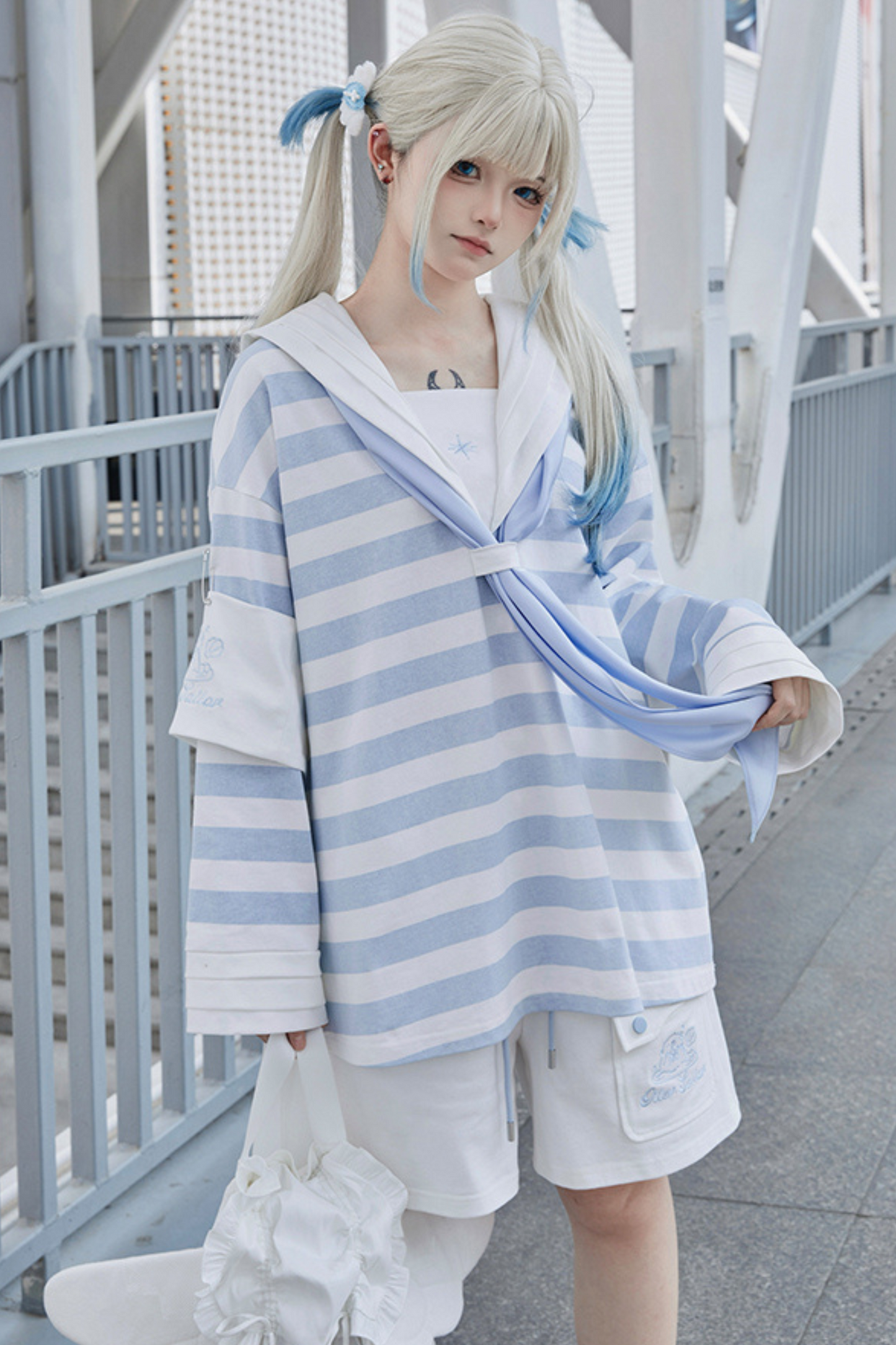 Sailor Neighborhood👼 Reserved Pants Subculture Tops Striped Collar Half Angel + Item