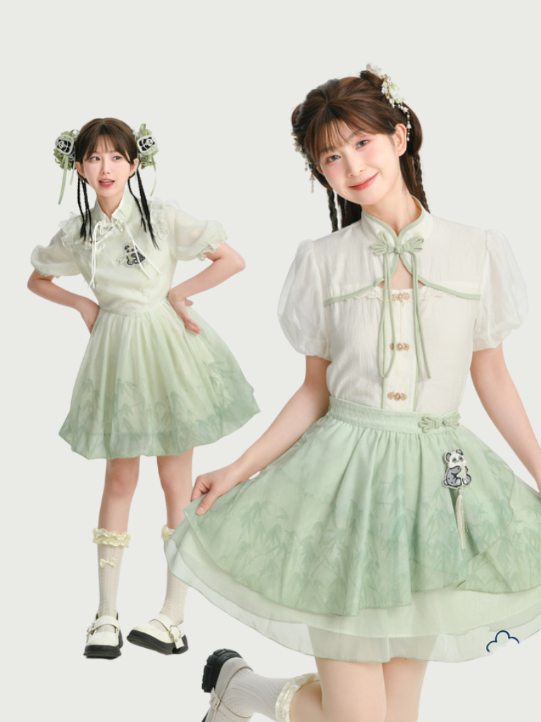 Ensemble chemise et jupe à manches longues Panda Kung Fu menthe + mousseline