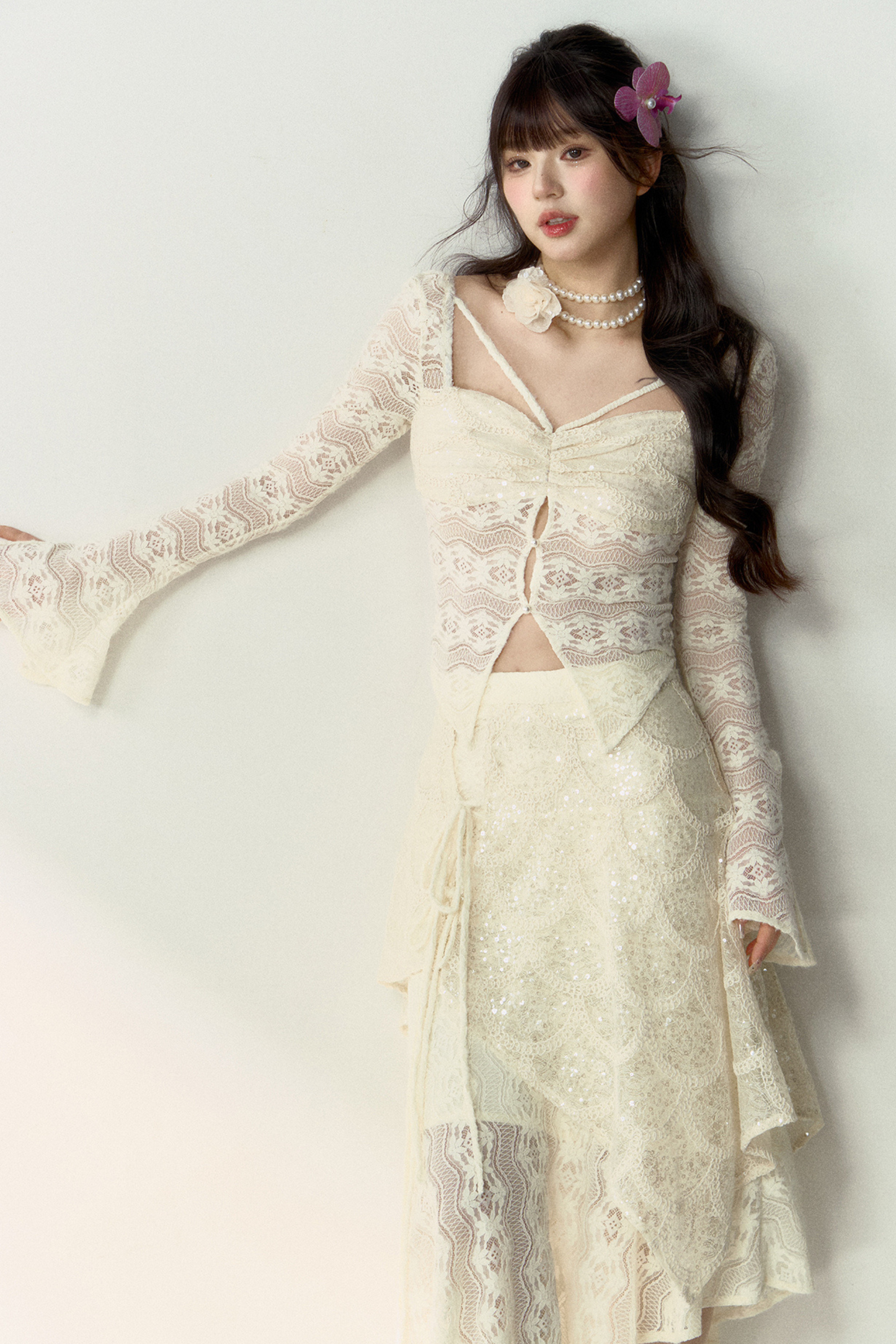 Shiny Top Sheer + French Asymmetrical Skirt Lace