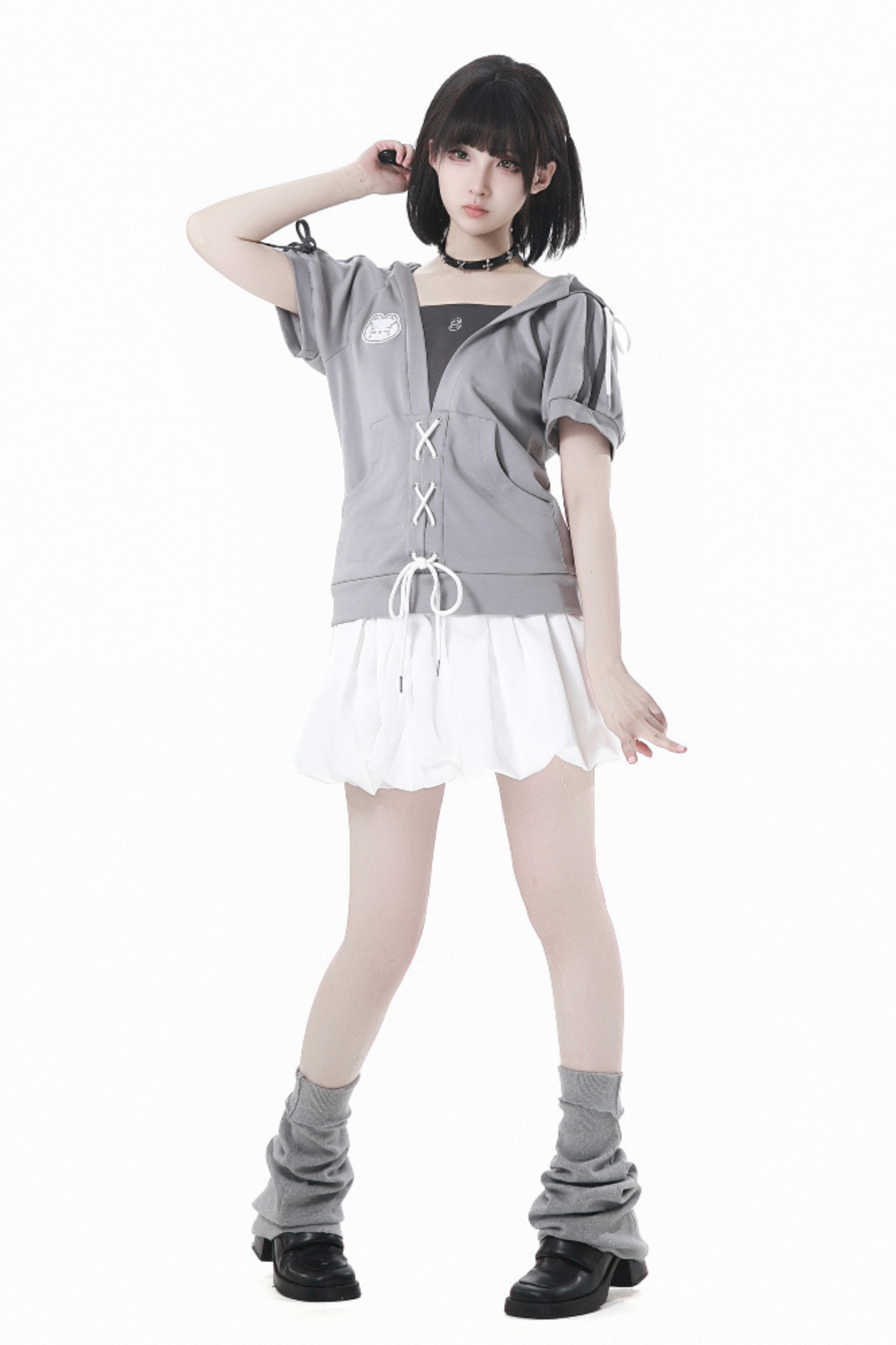 loose Lace-up skirt balloon top hooded t-shirt +
