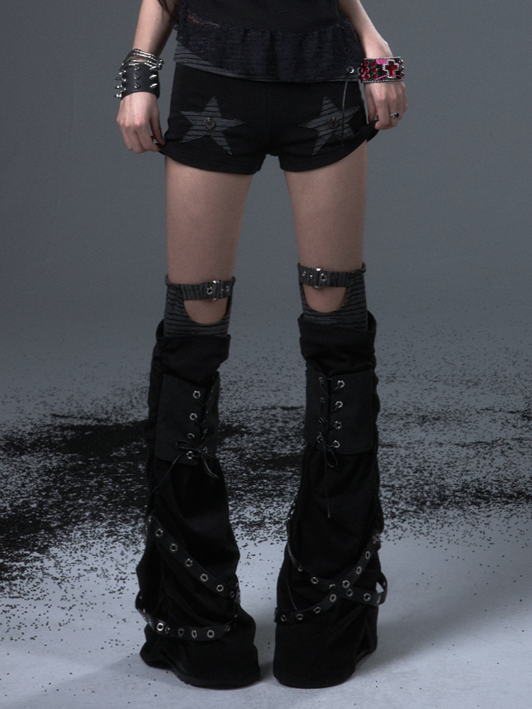 Lace-Up Black Leg Belts Warmers Punk with Studded Metal Knit