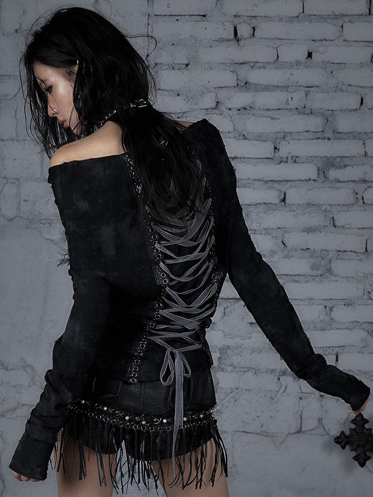 Lace-up Wasteland Black Top Off-the-shoulder Punk Design Neckline