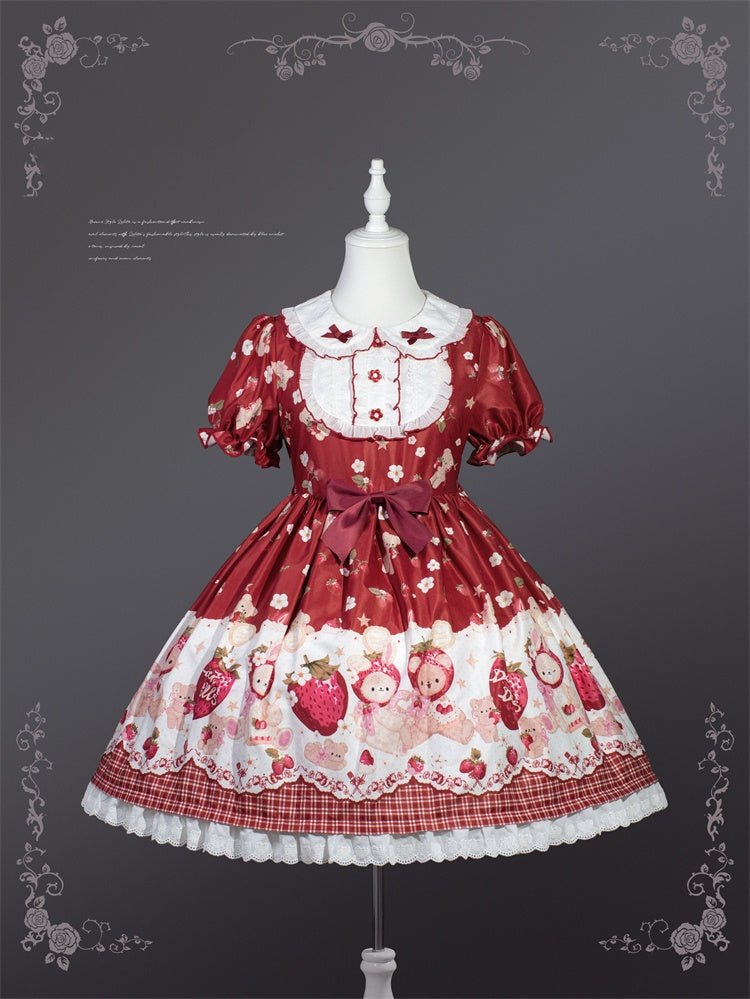 Wine Red Strawberry Bear Sweet Lolita Dress Cottagecore Country OP