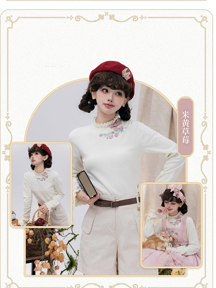 Neckline Lace-up Cuffs Autumn Strawberry Embroidery Top Knit Beige
