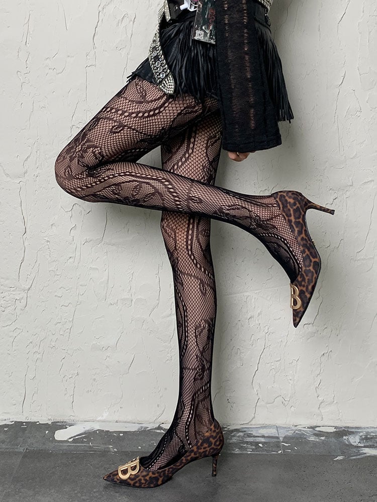 Black Y2K Floral Pattern Fishnet Tights