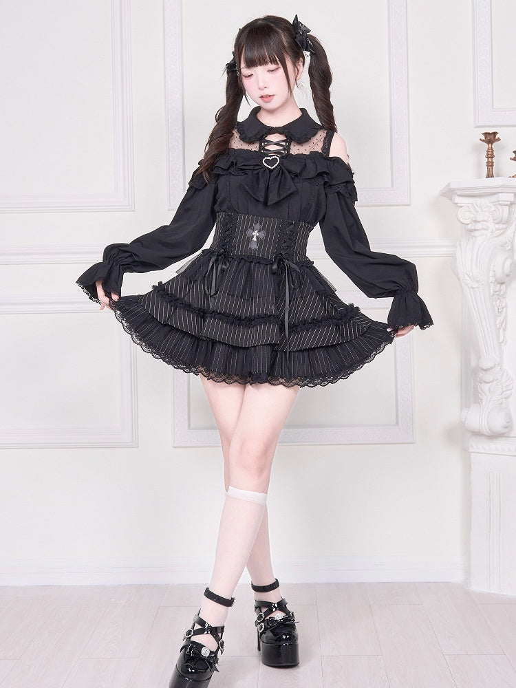 and Detail Long Top Illusion Sleeve Blouse Shoulder Jirai with Black Open Neckline Kei