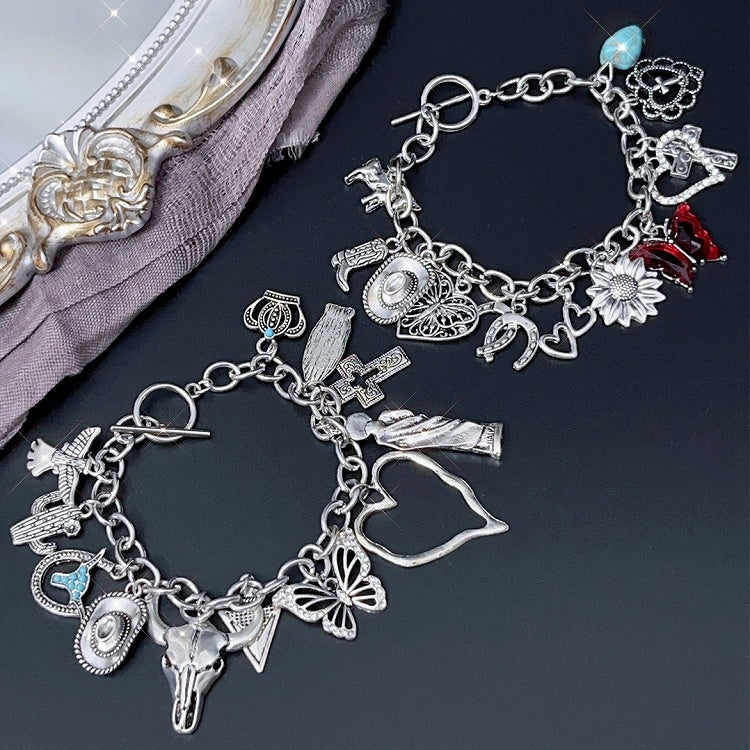 Bracelet Y2K Silver/Red And Butterfly Cross Heart Charm