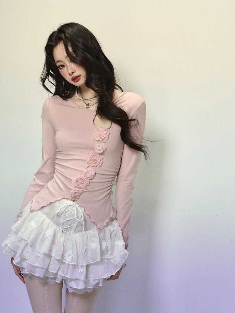 Knitted Detail Neck Floral Embellished Cutout Top Pink Round Glamorous