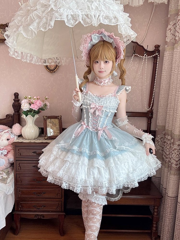 Leichter Stufenrock Blau Balletcore Sweet Lolita Pullover Flatterärmel Dreilagig
