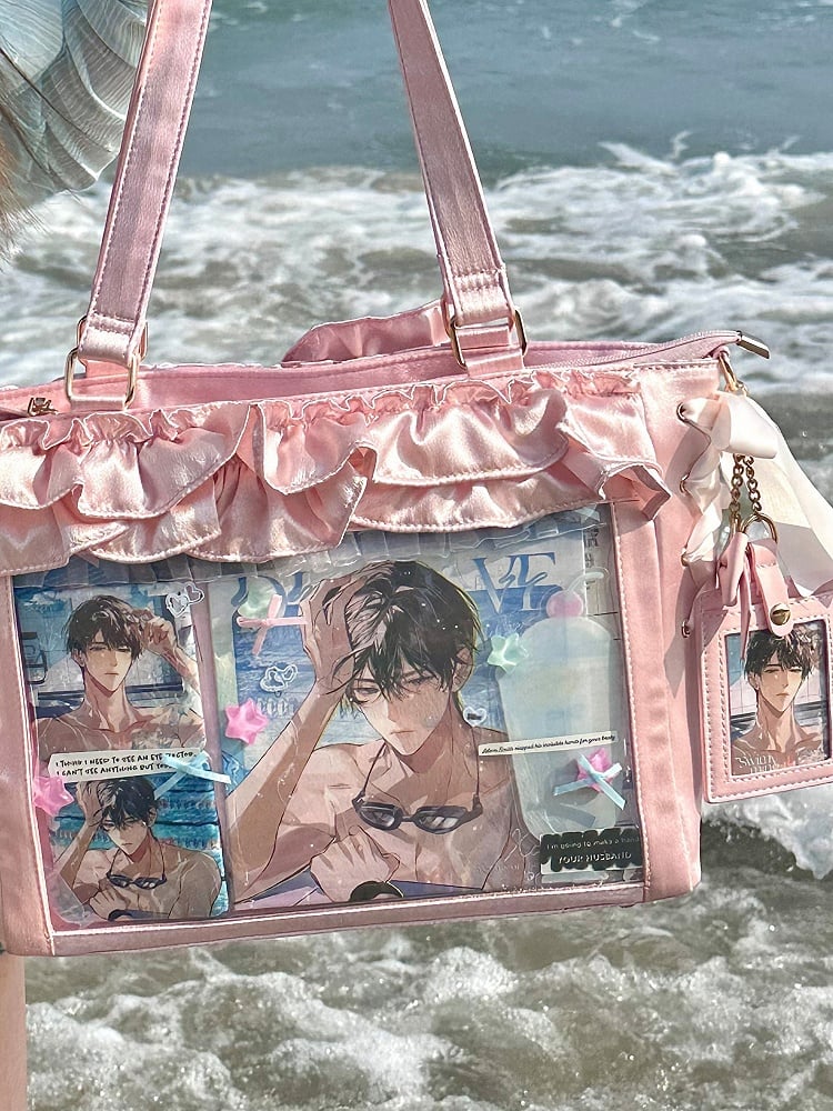 With Satin Ita Card Bag Holder Bow Pink Straps Trims Self-tie Ruffle