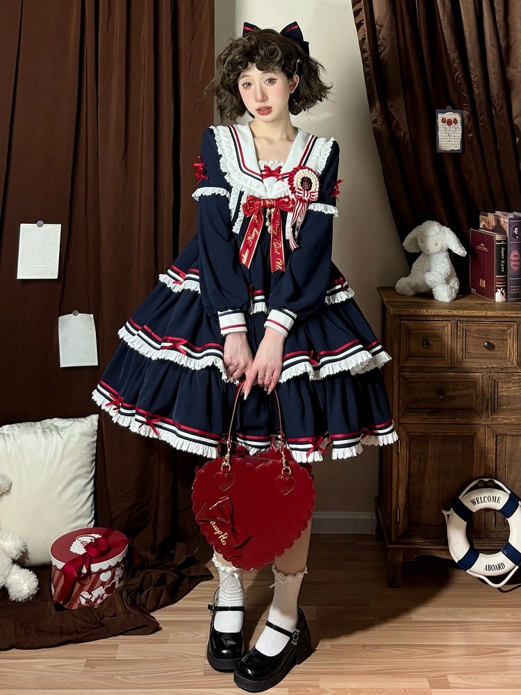 Sailor Set Lolita Navy Summer Dress Skirt Full OP Navycore Tiered Blue