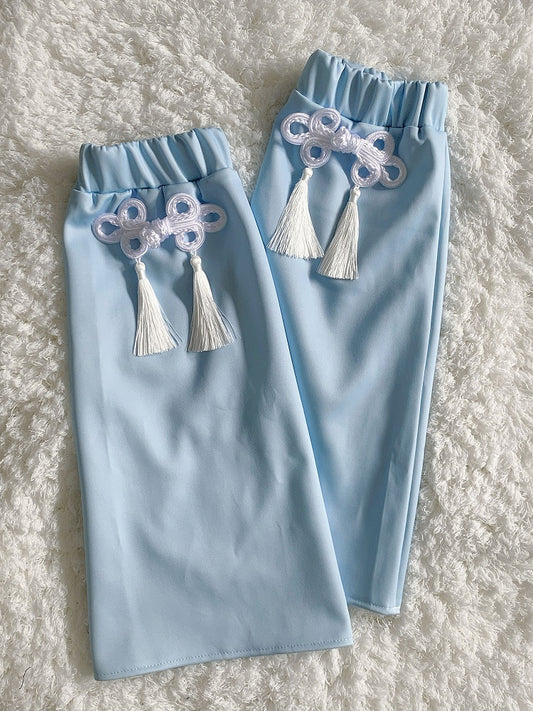 天使の快和 ブルータッセル&ノットボタンレッグウォーマー