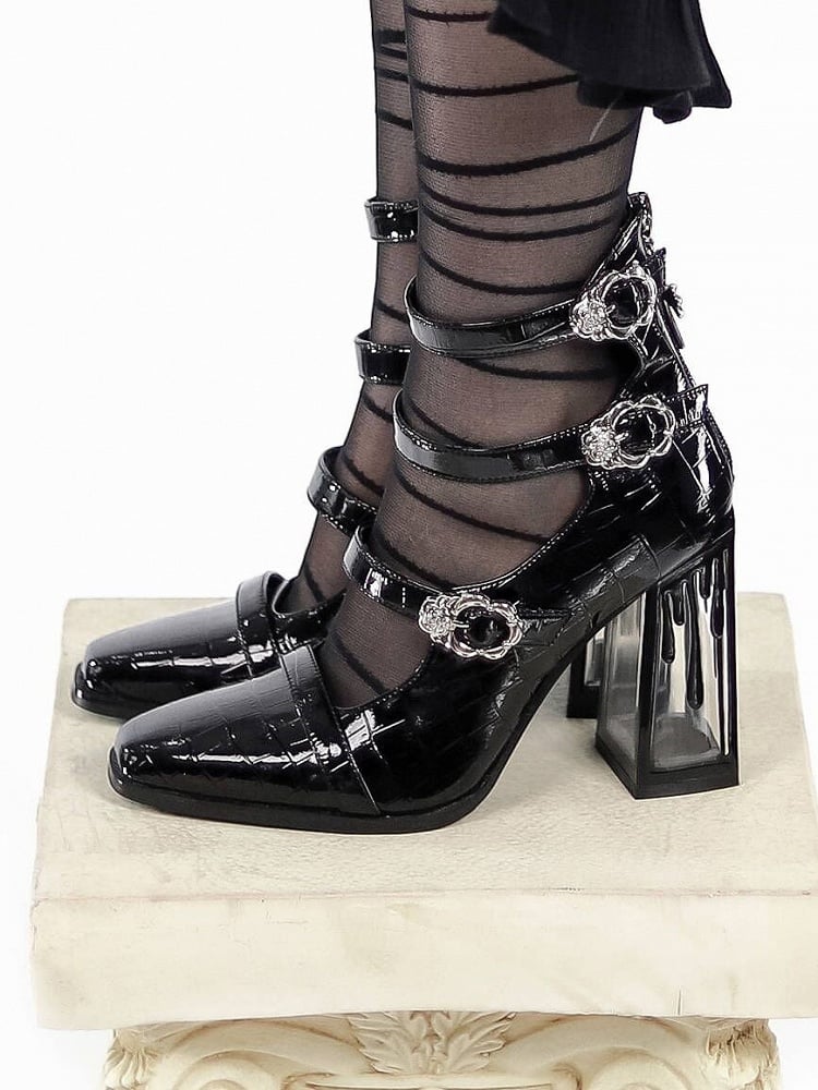 Polished Black Gothic Crocodile Buckle Straps Blood Drip High Block Heels