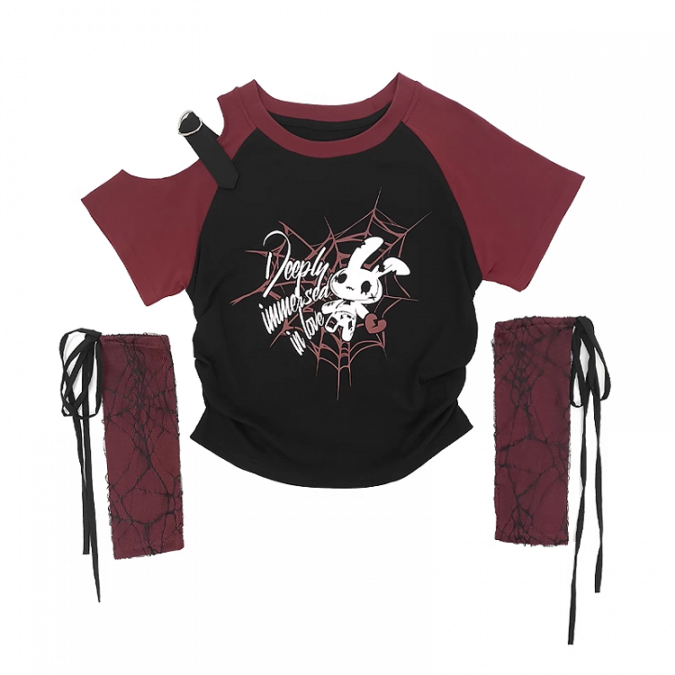 Free Red/Pink/Purple with T-Shirt Print Sleeves Y2K Cutout Shoulder Spiderweb