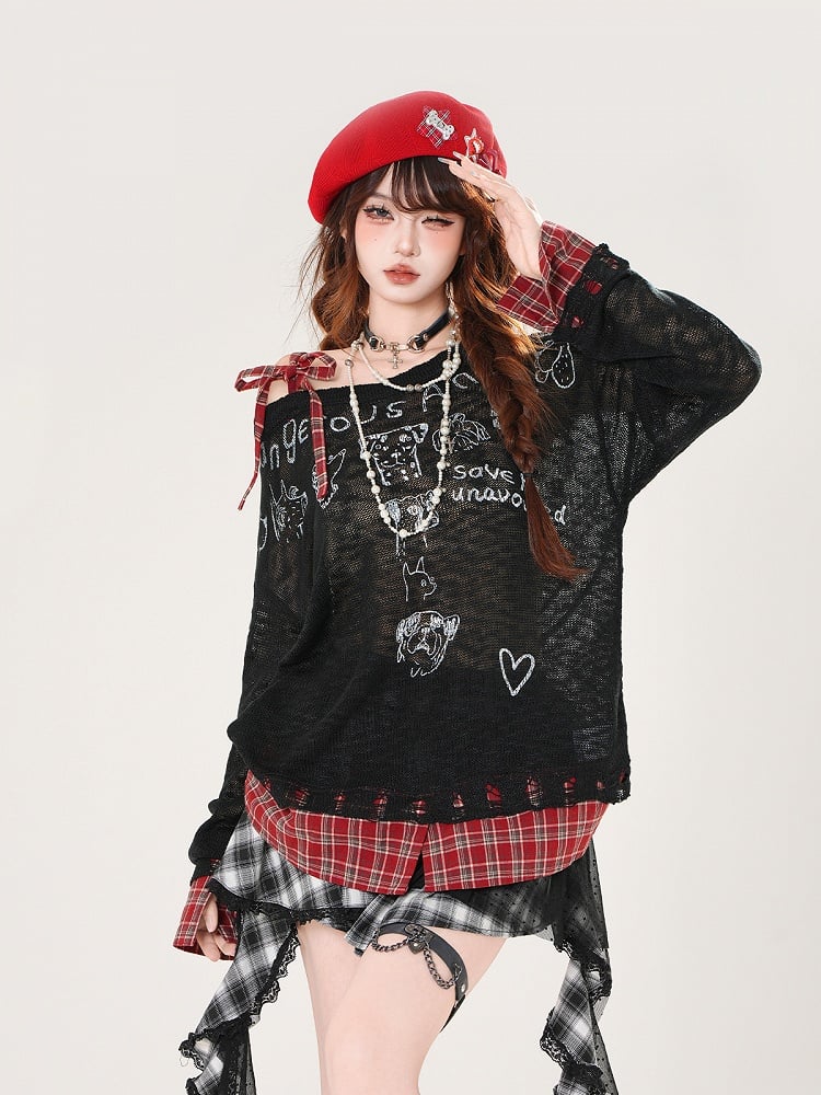 Asymmetrical Neckline Puppy Print Beige/Black Hem Plaid