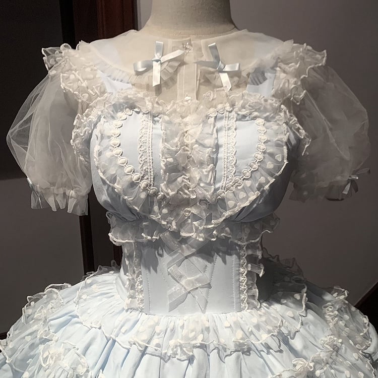 Polka-dot Hime Lolita Hanayome Lolita Dress Pattern Heart Blue JSK Ruffled Heart Front