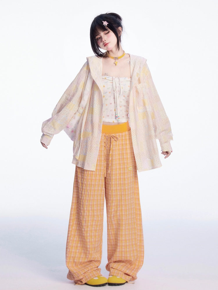 Drawstring Cuffs Wide-leg Casual Pants Orange Plaid Elastic Waist