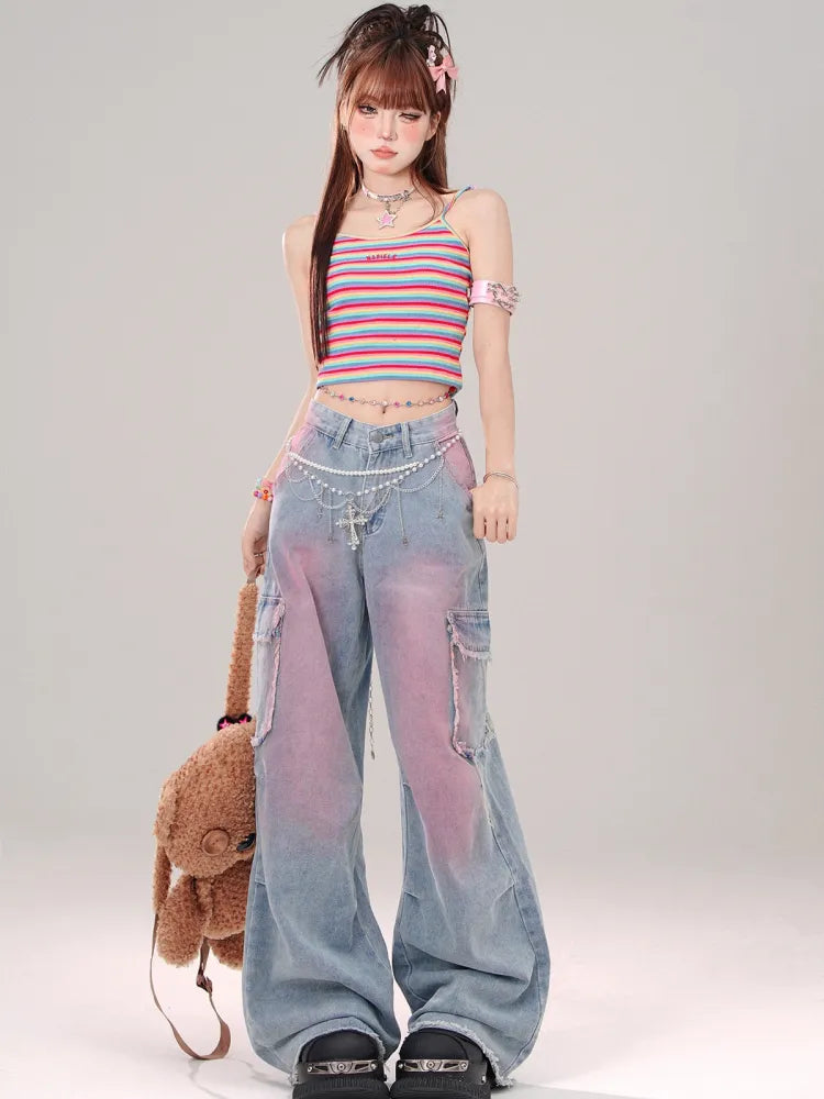 Jeans Hem Pockets Cargo Blue Raw