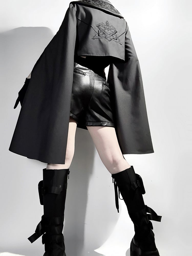 Sleeves XL Overlong Ouji Bodysuit Size Leather Exclusive + Futuristic Shorts Outfit Techwear Black Jacket Cropped Lolita -
