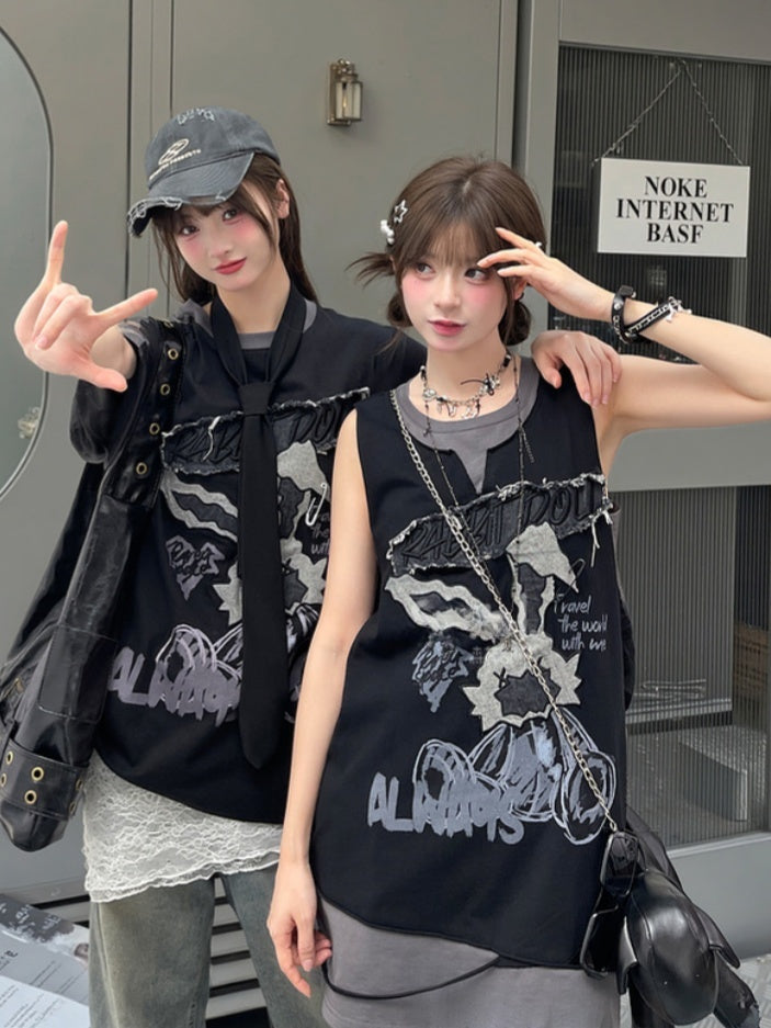 Bittersweet and T-Shirt Two-pieces Faux Black Applique Gray Bunny Pattern Letter
