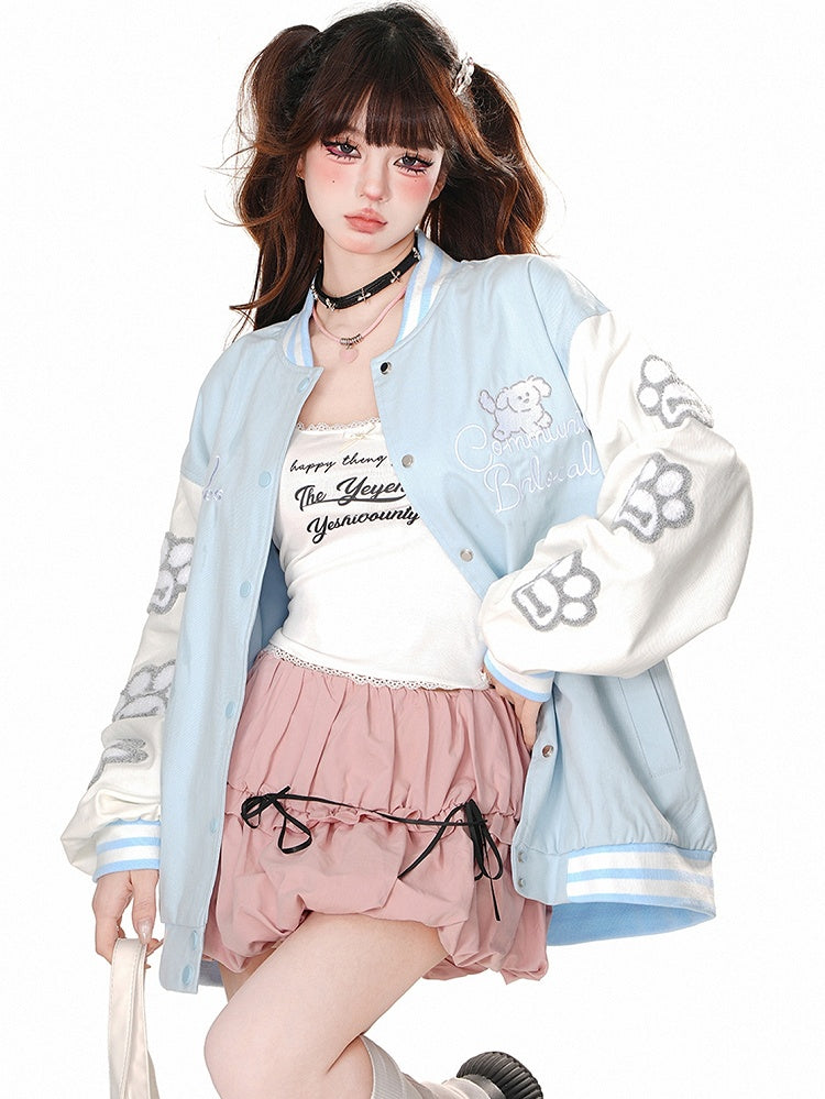 Blau/Pinke Baseballjacke mit süßer Welpen-Applikation auf der Rückseite