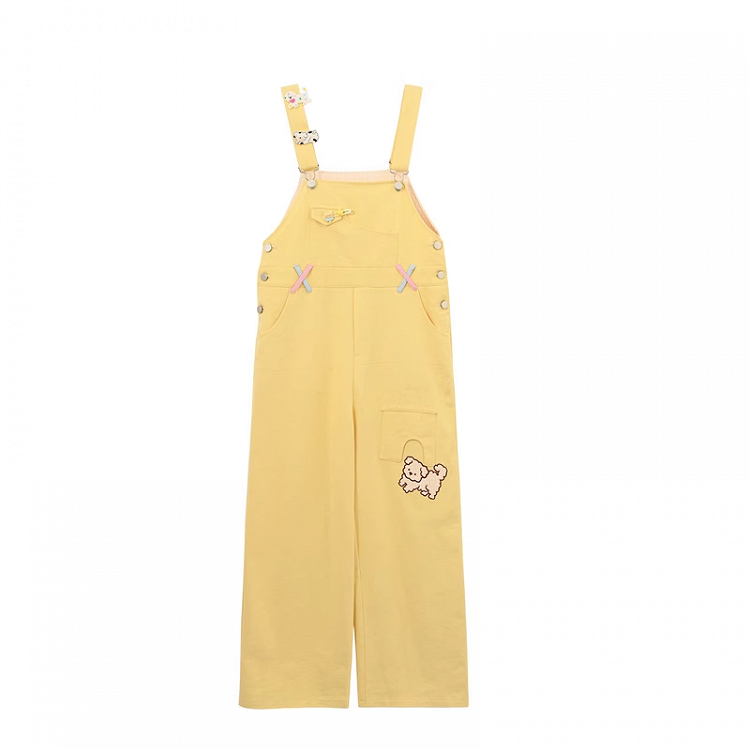 Cut Cartoon Puppy Embroidery Straight-leg Yellow Overall Pants