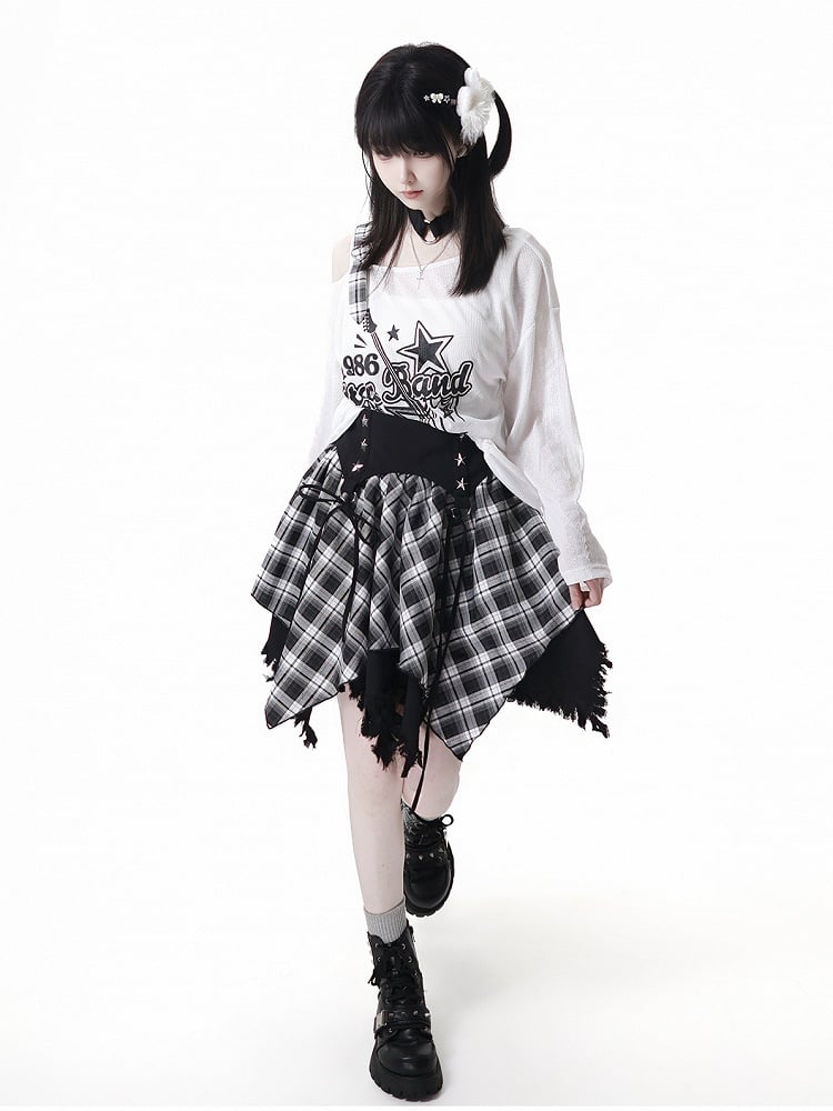 Plaid Skirt White /Black Frayed Handkerchief Hem Blue