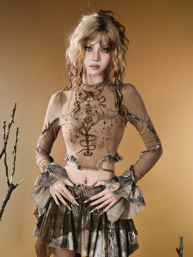 Sleeves Top Print Snakeskin Bell Pattern Design Wasteland Brown Punk