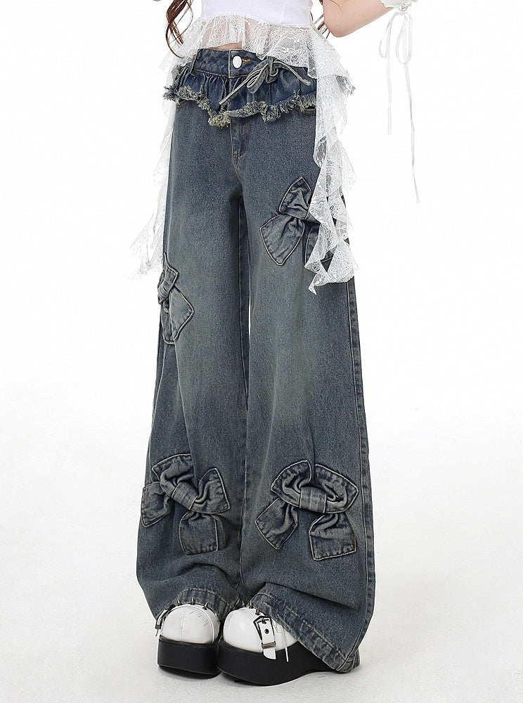 Blue Big Bows Raw Hem Wide-Leg Jeans
