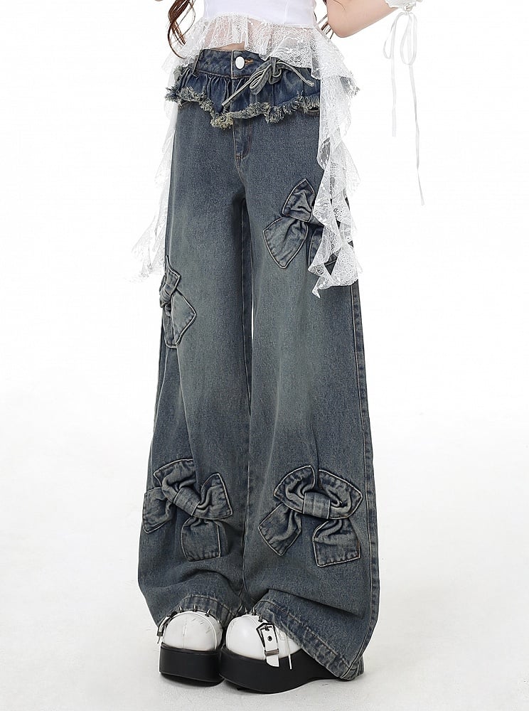 Hem Blue Big Bows Raw Wide-Leg Jeans