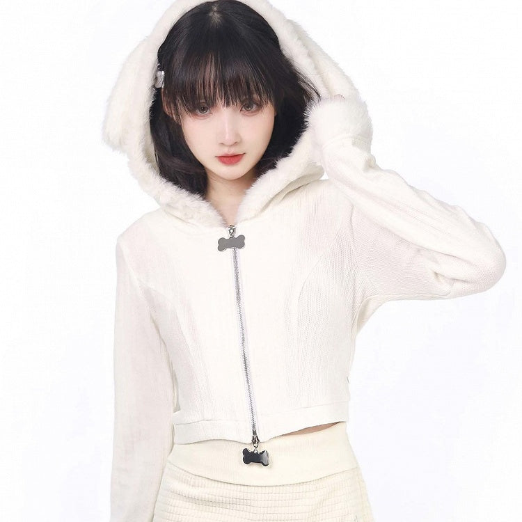 Cardigan Puppy Ears Hooded White Plush