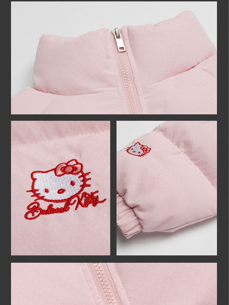 White/Pink Kitties Embroidery High Neck Puffer Jacket