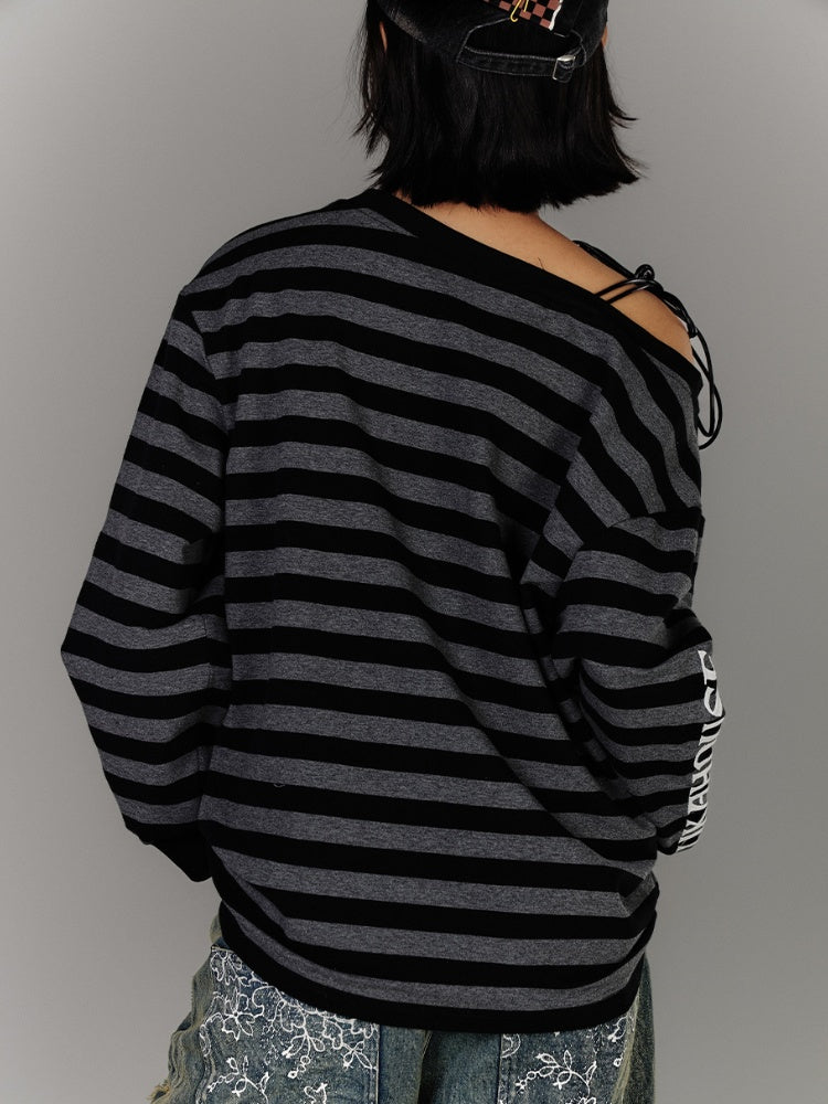 Black Gray Stripes Applique Design Asymmetrical Neckline Drawstring Punk Top