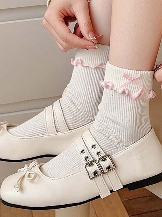 6 Ruffled Contrast Options Trim Ankle Socks Details Color Bowknot
