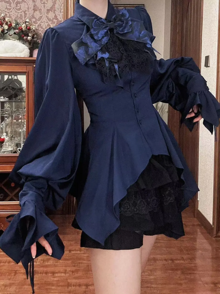 Dark Blue Gothic Ouji Lolita Long Sleeves Irregular Cascading Hemline Prince Shirt