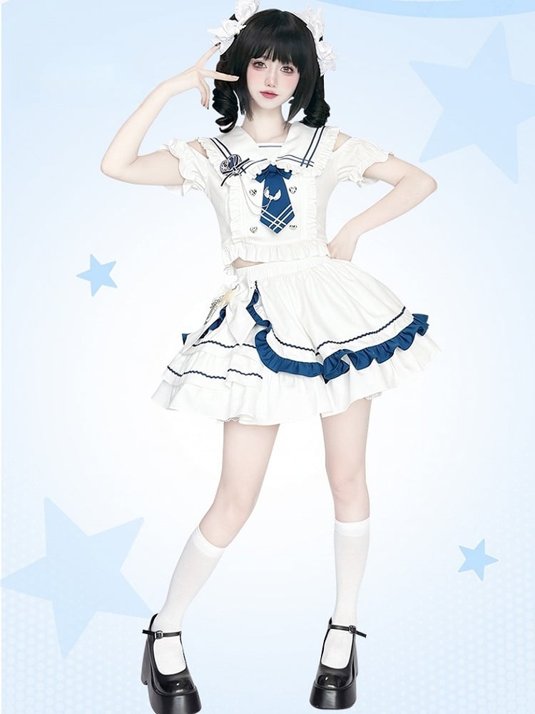 Shoulder Top Cutout Skirt White with Tiered and Sailor Collar