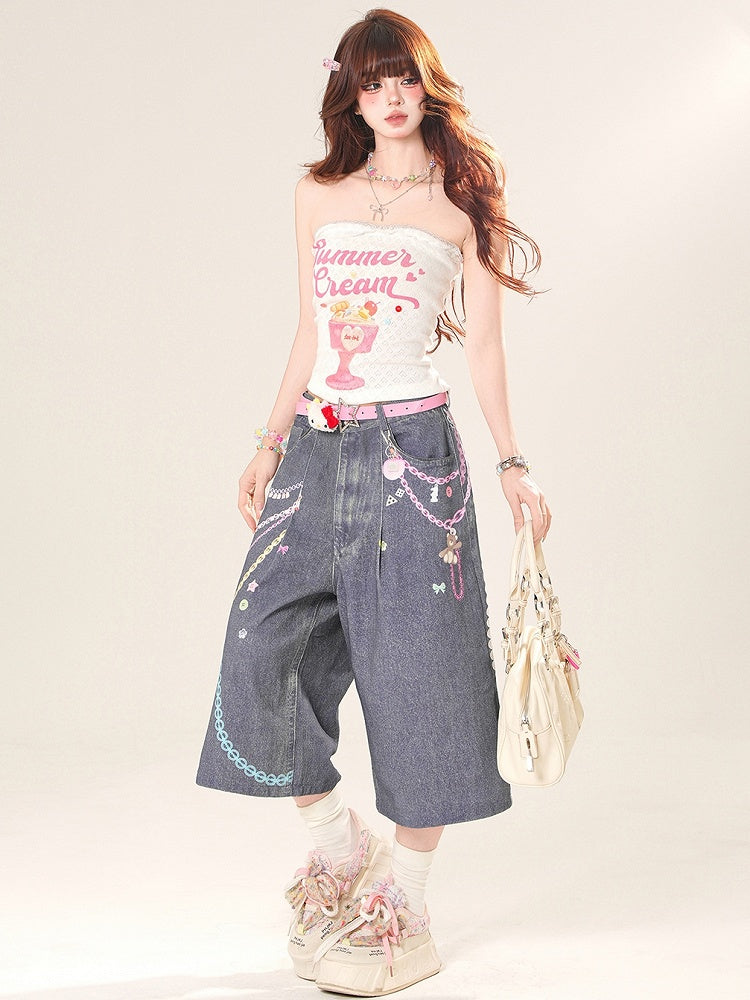 Print Cut Letter Weites Bein Y2K Knopfkette Jeans Blau Und