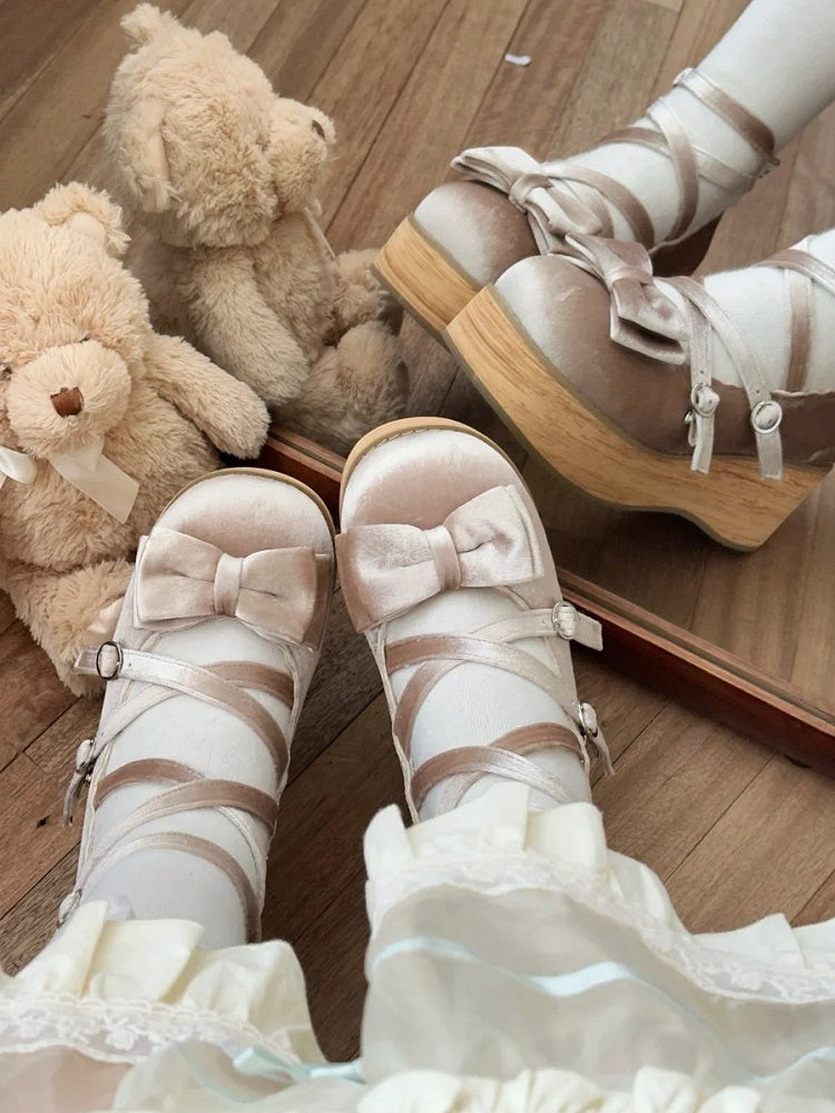 Heel with for Beige - Straps Janes Crossed Sweet Bow Platform Decor Lolita Mary