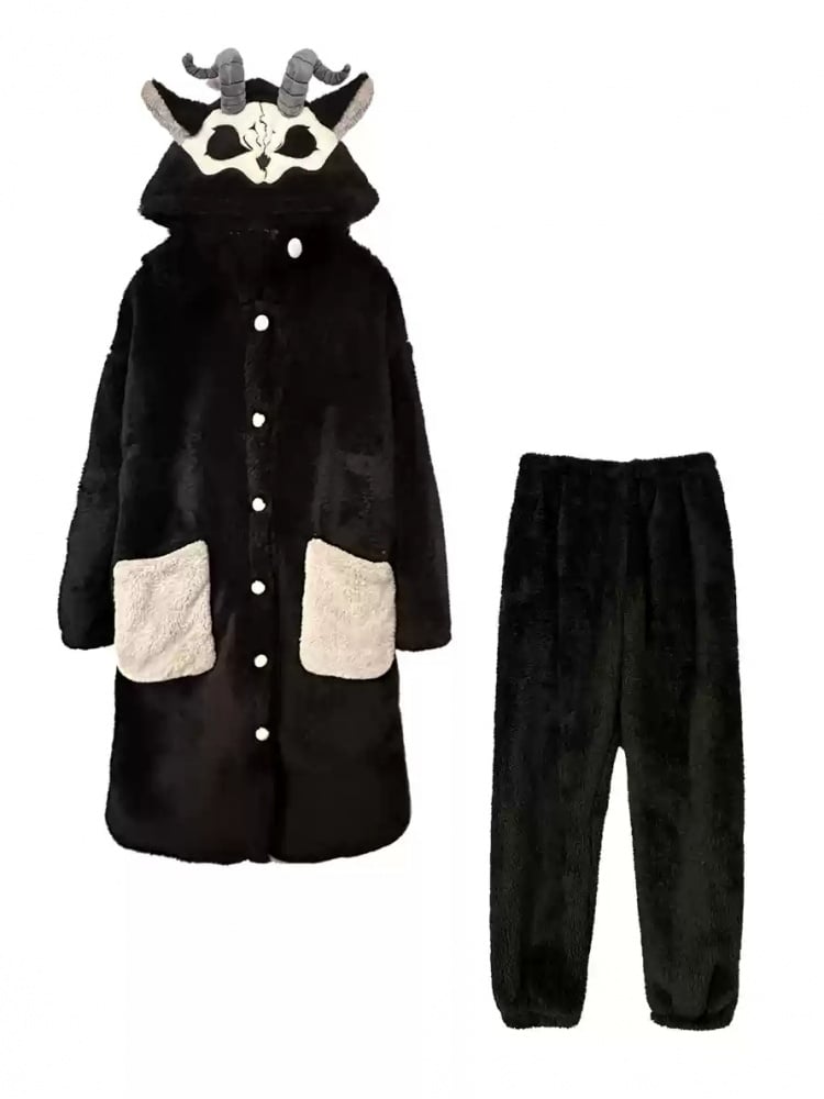 黒と白のゴシック冬用プラッシュパジャマセット(パンツ付き)
