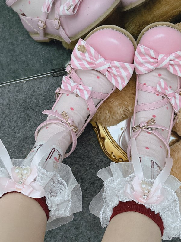 Lolita Calf Pink Bowknot Lace Pattern Details Cuffs Pearls Polka-dot Ruffled With Socks