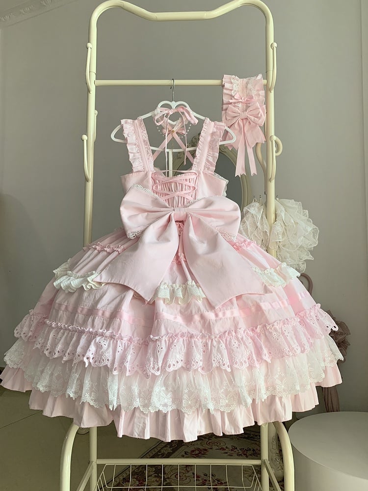 Rosa und weißes Old School Lolita-Kleid mit Schleifen und herzförmiger Dekoration, Prinzessinnen-Lolita-Pulloverrock