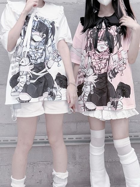 Dark with Cute Pan Anime Kawaii Detachable Yami Collar Print / Peter T-shirt: Cotton White Pink