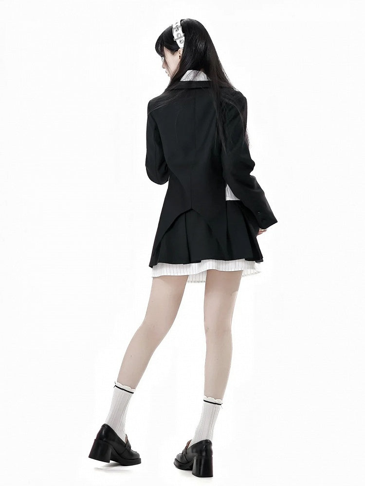 Blazer with Detachable Butterfly Clock Brooch Black Cropped Curved Hem Preppy