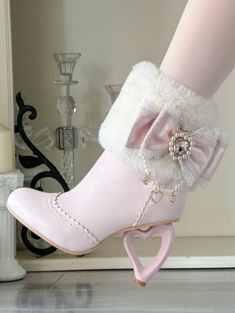 Sakura Pink Plush Boots - Cuff Heel Heart